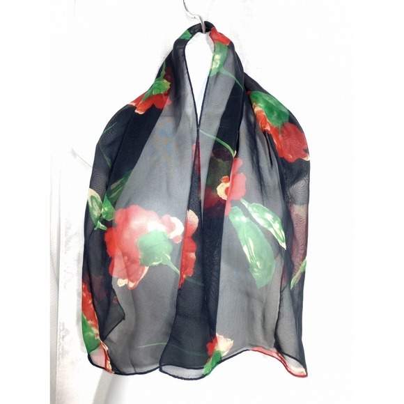 ROMANTIC Rose chiffon Neck SCARF Red Poppy Flower Green Black - Picture 2 of 3